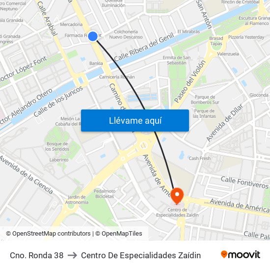 Cno. Ronda 38 to Centro De Especialidades Zaídin map