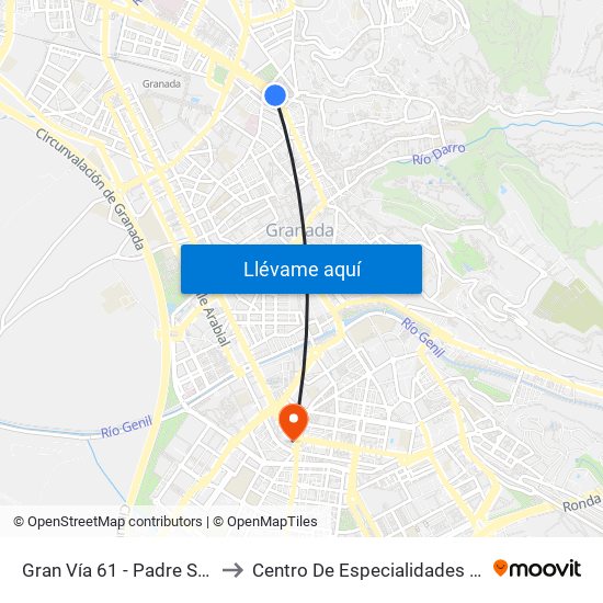 Gran Vía 61 - Padre Suárez to Centro De Especialidades Zaídin map