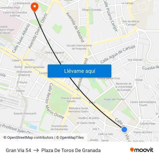 Gran Vía 54 to Plaza De Toros De Granada map