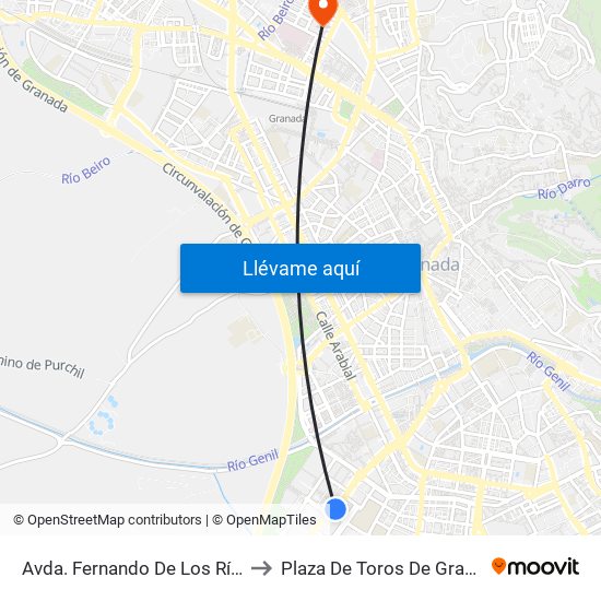 Avda. Fernando De Los Ríos 2 to Plaza De Toros De Granada map