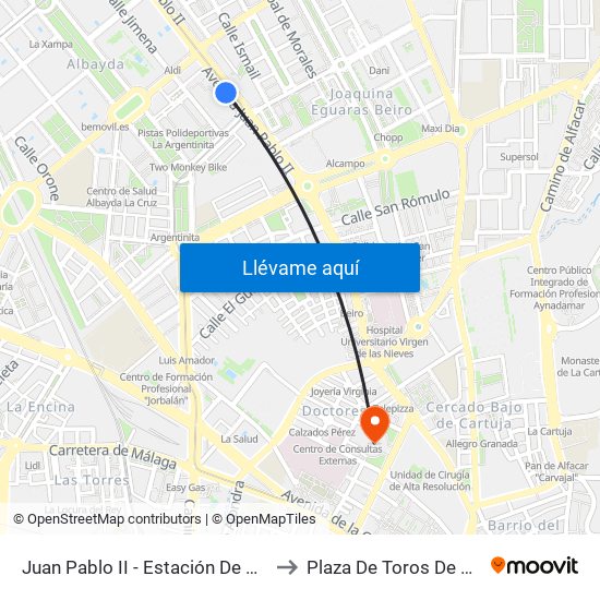 Juan Pablo II - Estación De Autobuses to Plaza De Toros De Granada map