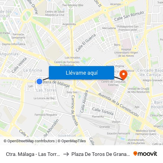 Ctra. Málaga - Las Torres to Plaza De Toros De Granada map