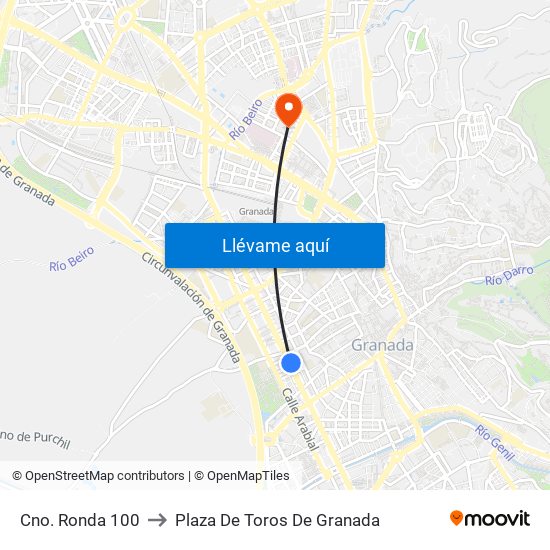 Cno. Ronda 100 to Plaza De Toros De Granada map