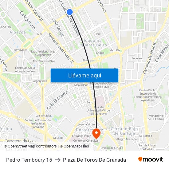Pedro Temboury 15 to Plaza De Toros De Granada map