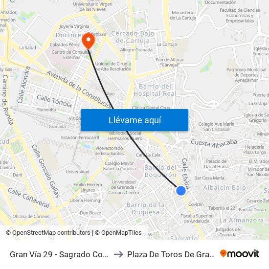 Gran Vía 29 - Sagrado Corazón to Plaza De Toros De Granada map