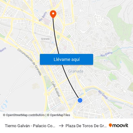 Tierno Galván - Palacio Congresos to Plaza De Toros De Granada map