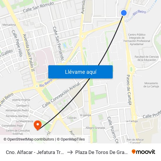 Cno. Alfacar - Jefatura Tráfico to Plaza De Toros De Granada map