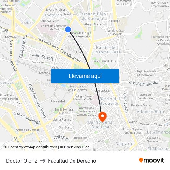 Doctor Olóriz to Facultad De Derecho map