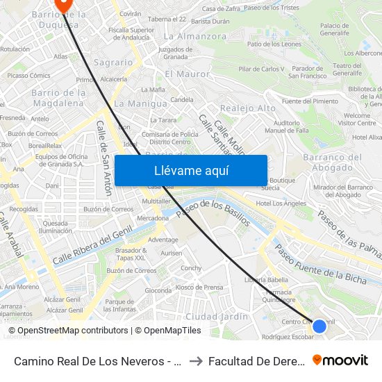 Camino Real De Los Neveros - Fte 4 to Facultad De Derecho map