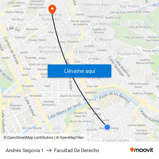 Andrés Segovia 1 to Facultad De Derecho map