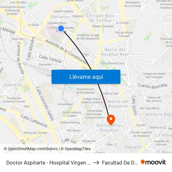 Doctor Azpitarte - Hospital Virgen De Las Nieves to Facultad De Derecho map