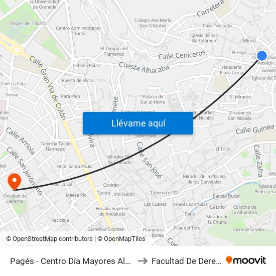 Pagés - Centro Día Mayores Albaicín to Facultad De Derecho map