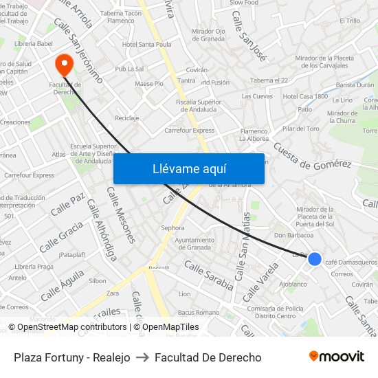 Plaza Fortuny - Realejo to Facultad De Derecho map