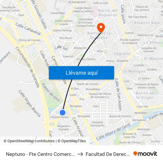 Neptuno - Fte Centro Comercial to Facultad De Derecho map