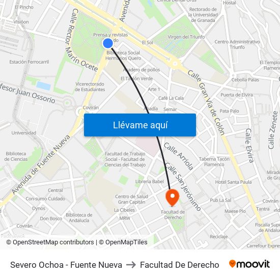 Severo Ochoa - Fuente Nueva to Facultad De Derecho map