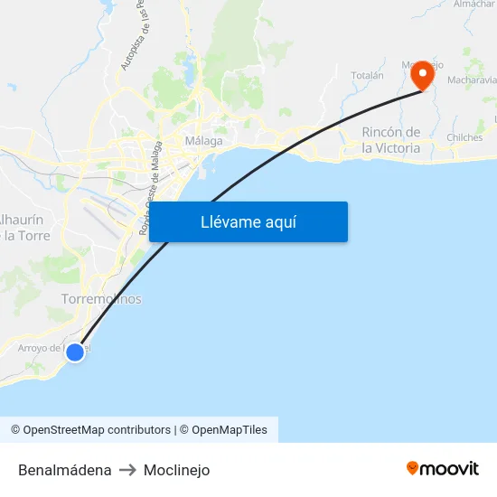 Benalmádena to Moclinejo map