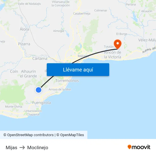 Mijas to Moclinejo map