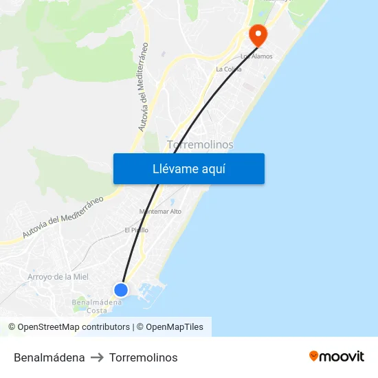 Benalmádena to Torremolinos map