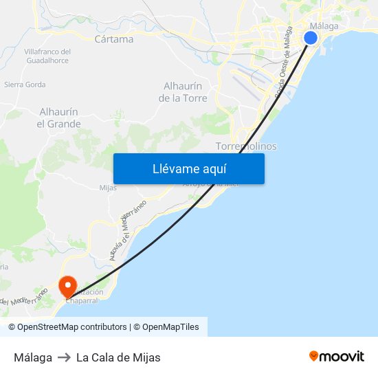 Málaga to La Cala de Mijas map