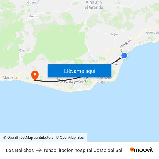 Los Boliches to rehabilitación hospital Costa del Sol map