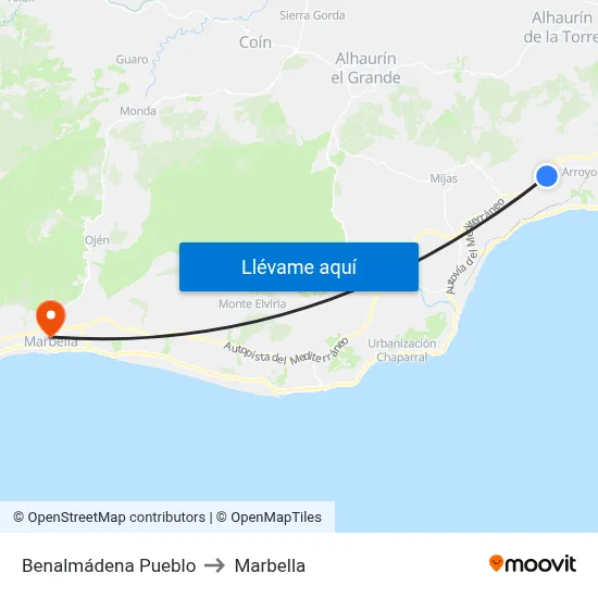 Benalmádena Pueblo to Marbella map