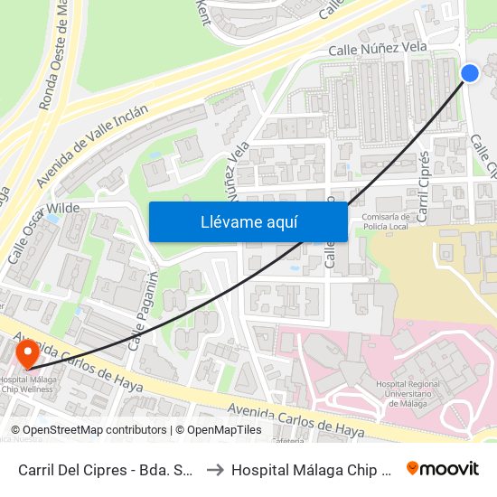 Carril Del Cipres - Bda. San Martín to Hospital Málaga Chip Wellness map