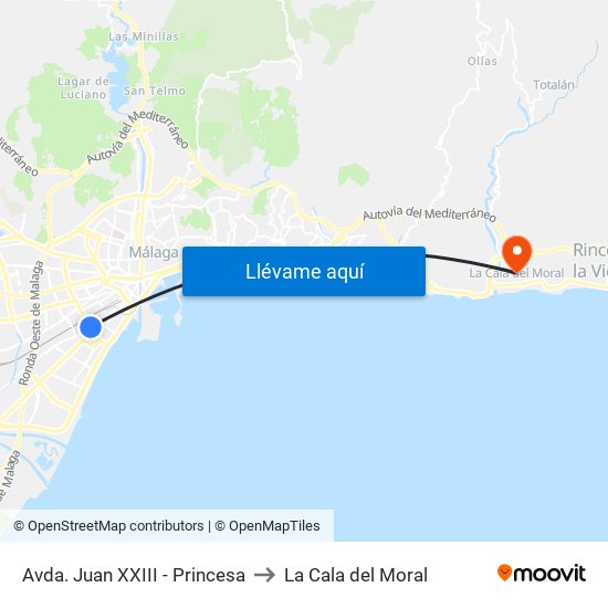 Avda. Juan XXIII - Princesa to La Cala del Moral map