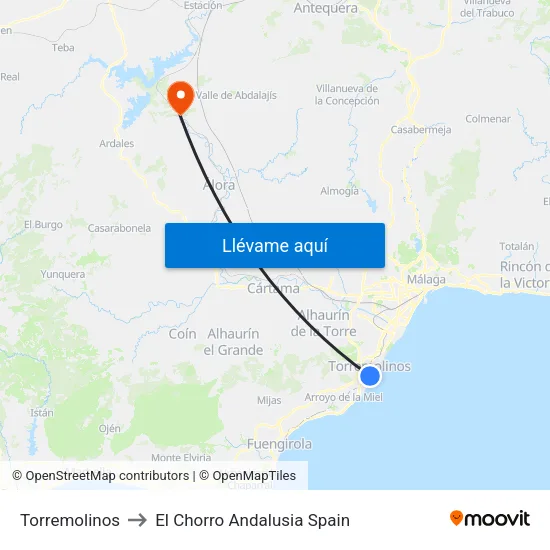 Torremolinos to El Chorro Andalusia Spain map