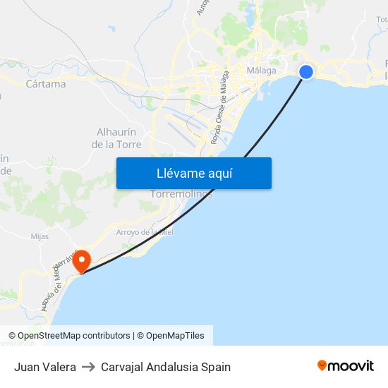 Juan Valera to Carvajal Andalusia Spain map