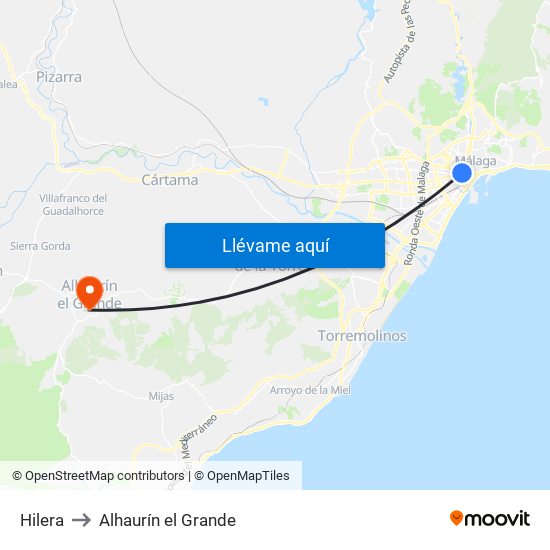 Hilera to Alhaurín el Grande map