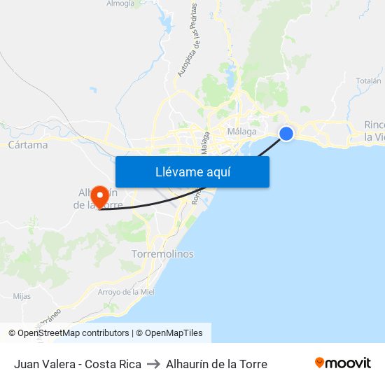 Juan Valera - Costa Rica to Alhaurín de la Torre map