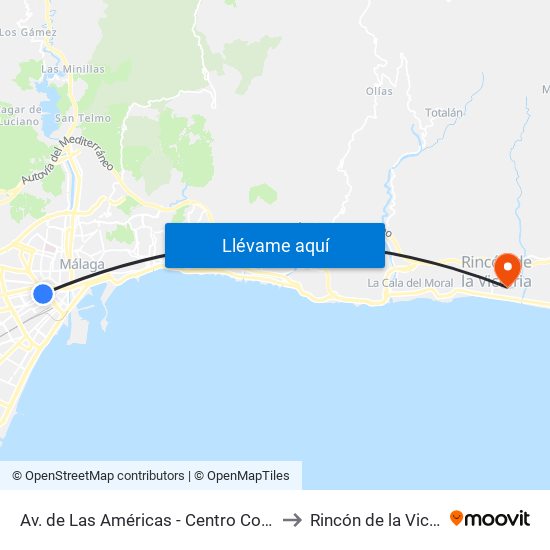 Av. de Las Américas - Centro Comercial to Rincón de la Victoria map