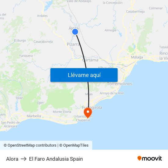 Alora to El Faro Andalusia Spain map