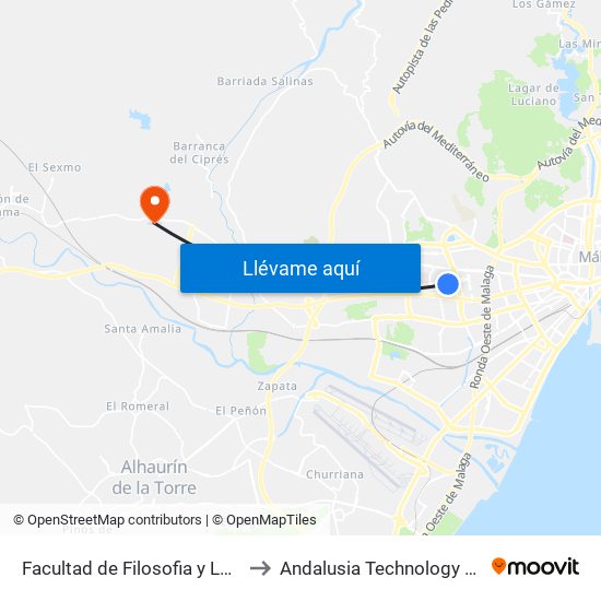 Facultad de  Filosofia y Letras to Andalusia Technology Park map