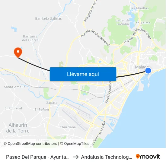 Paseo Del Parque - Ayuntamiento to Andalusia Technology Park map