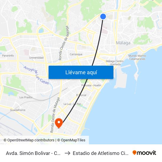 Avda. Simón Bolivar - Centro Comercial to Estadio de Atletismo Ciudad de Málaga map