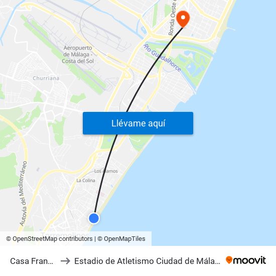 Casa Franco to Estadio de Atletismo Ciudad de Málaga map
