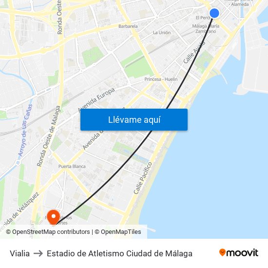 Vialia to Estadio de Atletismo Ciudad de Málaga map