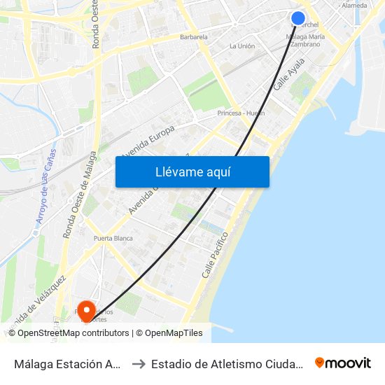 Málaga Estación Autobuses to Estadio de Atletismo Ciudad de Málaga map