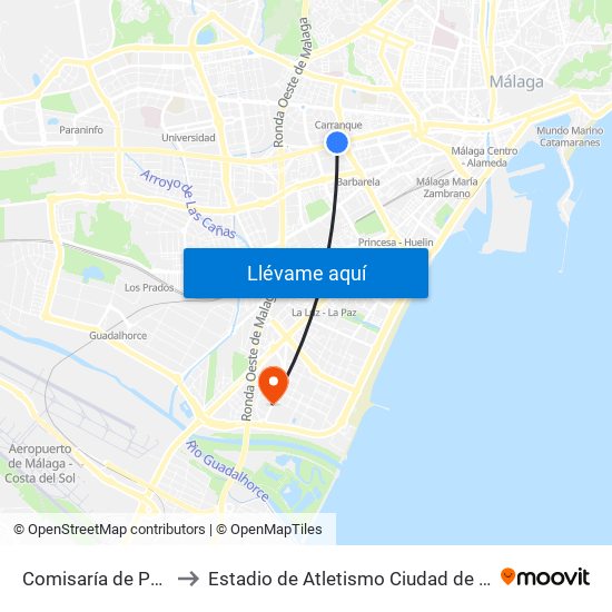 Comisaría de Policía to Estadio de Atletismo Ciudad de Málaga map