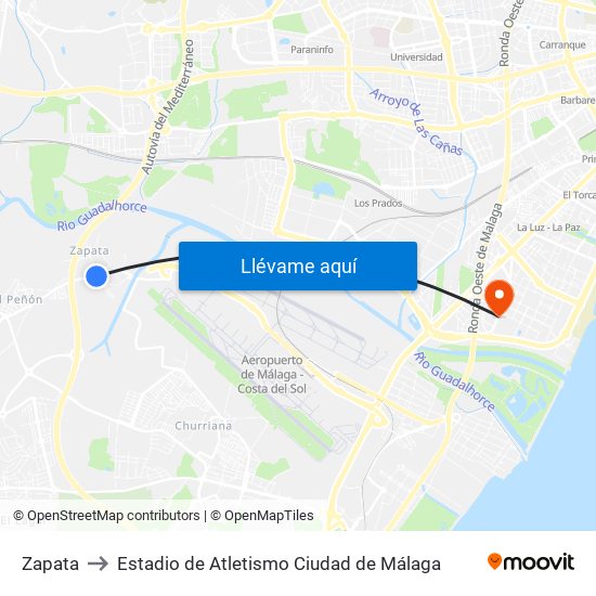 Zapata to Estadio de Atletismo Ciudad de Málaga map