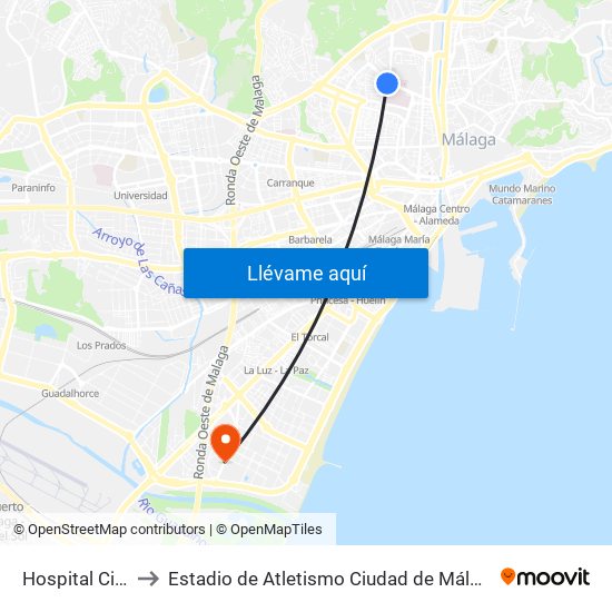 Hospital Civil to Estadio de Atletismo Ciudad de Málaga map