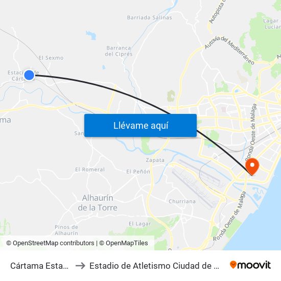 Cártama Estación to Estadio de Atletismo Ciudad de Málaga map