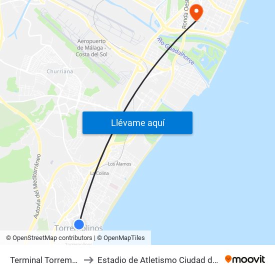 Terminal Torremolinos to Estadio de Atletismo Ciudad de Málaga map