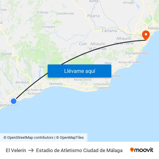 El Velerín to Estadio de Atletismo Ciudad de Málaga map