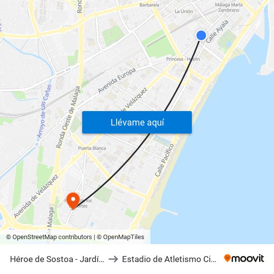 Héroe de Sostoa - Jardín de La Abadía to Estadio de Atletismo Ciudad de Málaga map