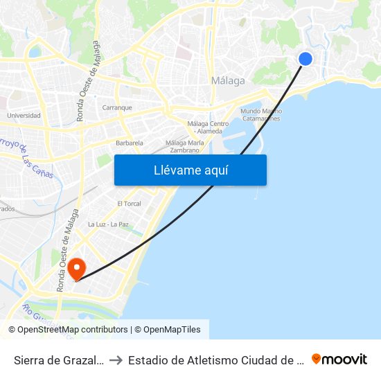 Sierra de Grazalema to Estadio de Atletismo Ciudad de Málaga map