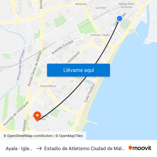 Ayala - Iglesia to Estadio de Atletismo Ciudad de Málaga map