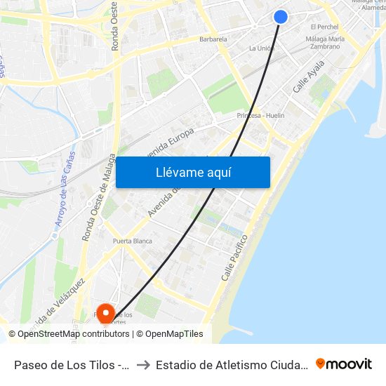 Paseo de Los Tilos - Calatrava to Estadio de Atletismo Ciudad de Málaga map