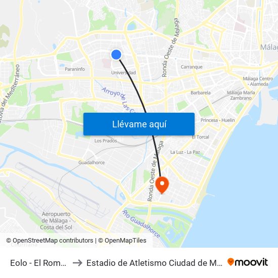 Eolo - El Romeral to Estadio de Atletismo Ciudad de Málaga map